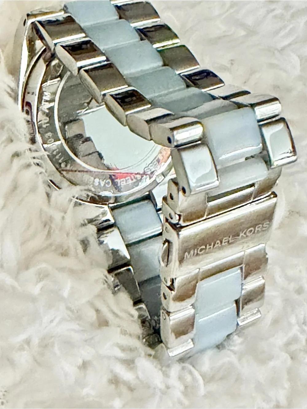 Michael Kors Silver Watch With Blue Center Stripe / Roman Numeral Face